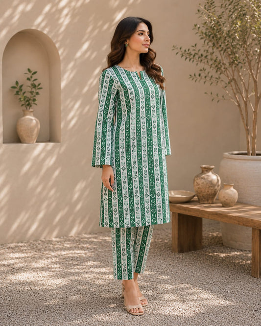 Emerald Daisy Stripes – 2 Piece Unstitched Lawn Suit