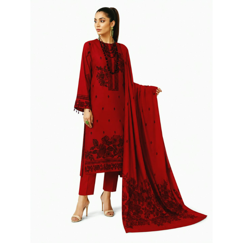 Aura Red Banarsi Brosha 3 Piece Unstitched Jacquard Lawn