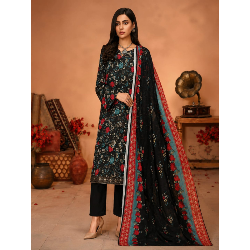 Black D 3 Piece Unstitched Printed Lawn