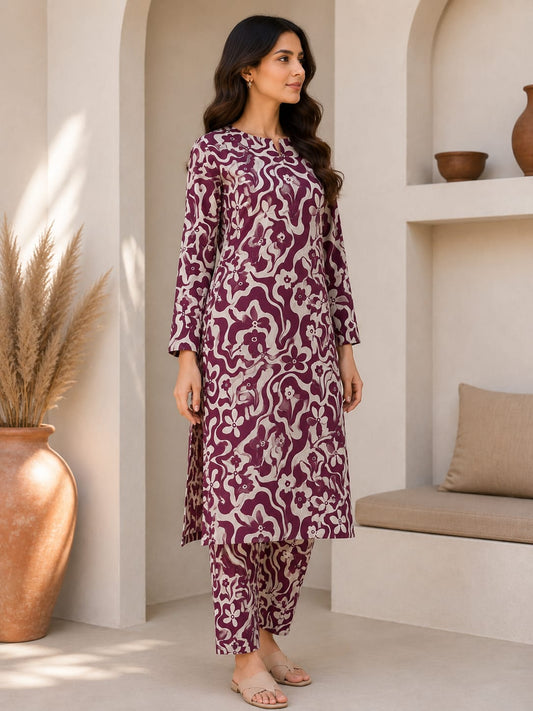 Plum Floral Wave – 2 Piece Unstitched Lawn Suit