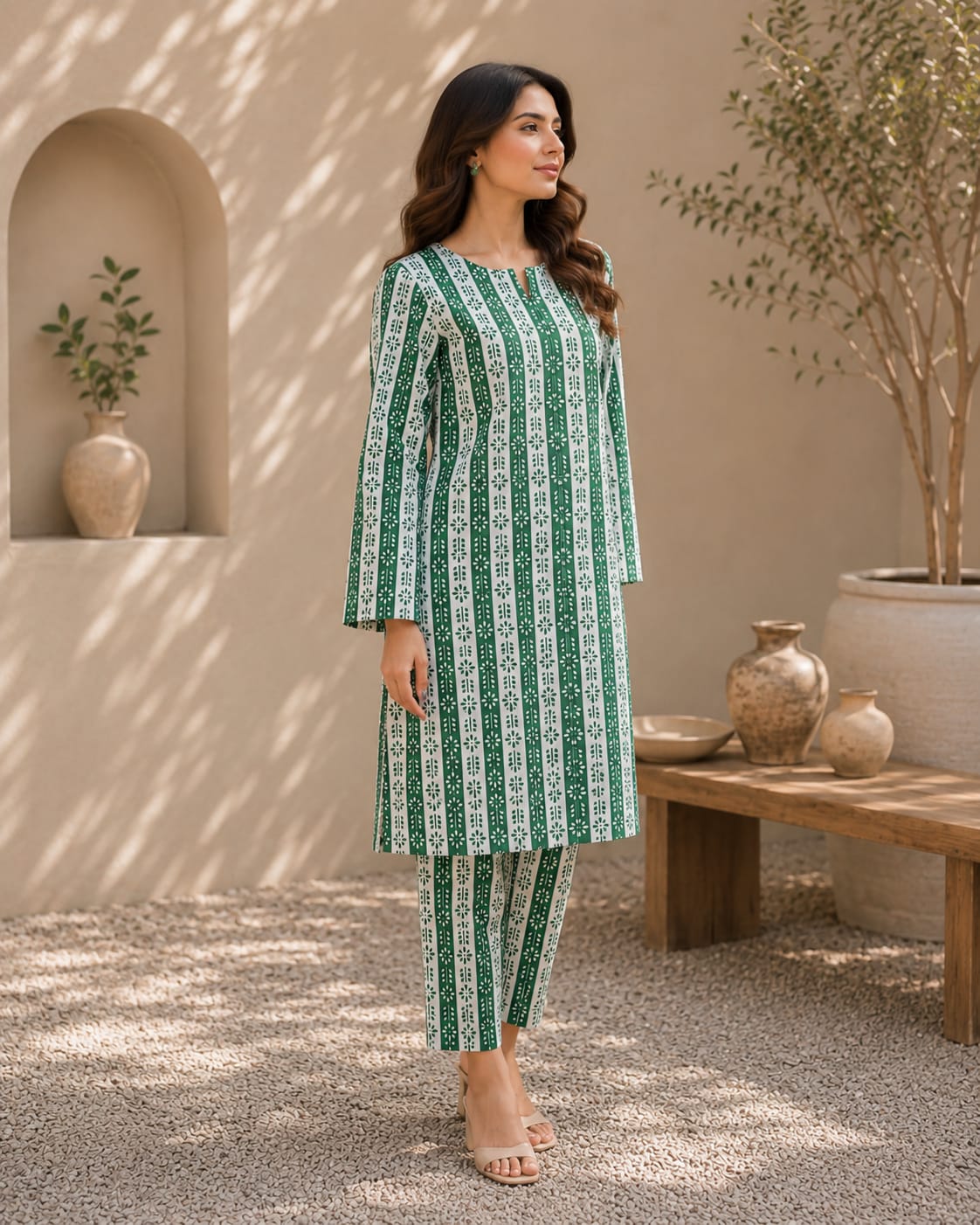 Emerald Daisy Stripes – 2 Piece Unstitched Lawn Suit