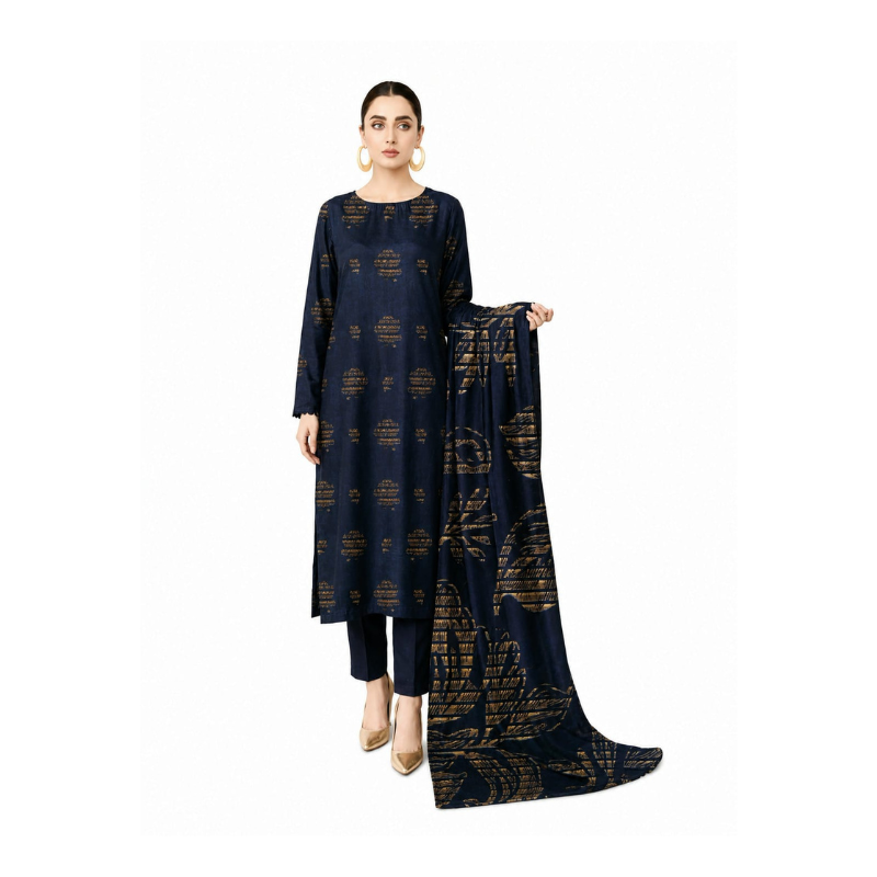 Dark Bluee Banarsi Brosha 3 Piece Unstitched Jacquard Lawn