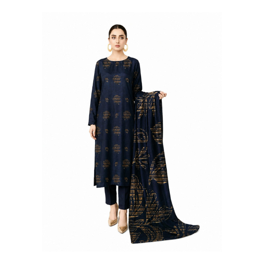 Dark Bluee Banarsi Brosha 3 Piece Unstitched Jacquard Lawn