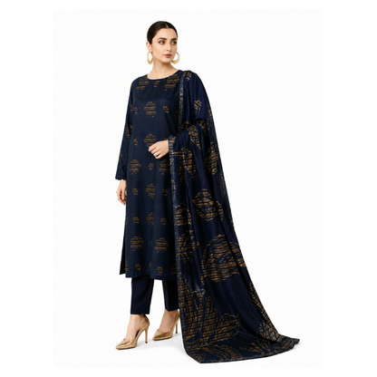 Dark Bluee Banarsi Brosha 3 Piece Unstitched Jacquard Lawn