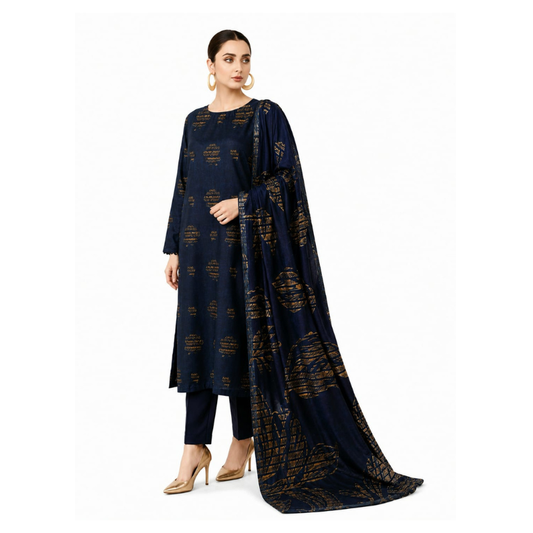 Dark Bluee Banarsi Brosha 3 Piece Unstitched Jacquard Lawn