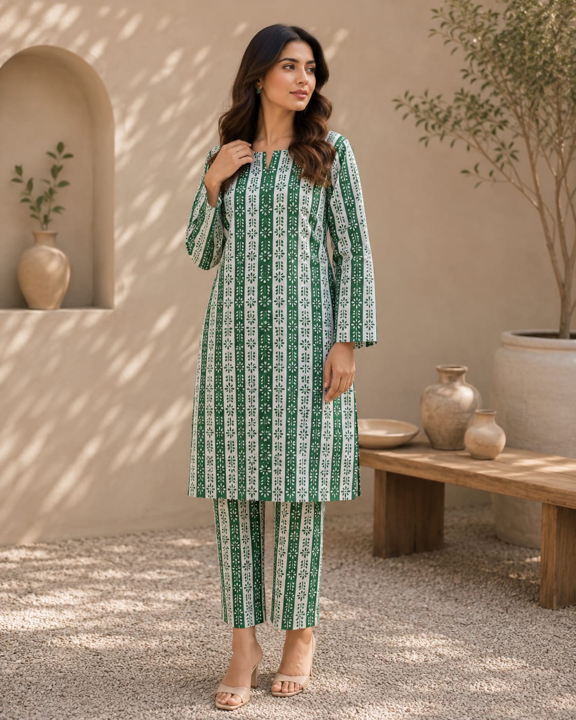 Emerald Daisy Stripes – 2 Piece Unstitched Lawn Suit