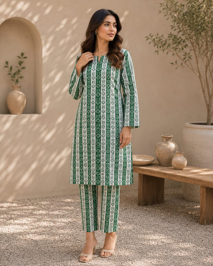 Emerald Daisy Stripes – 2 Piece Unstitched Lawn Suit