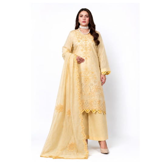 Goldish 3 Piece Unstitched  Embroidered Lawn