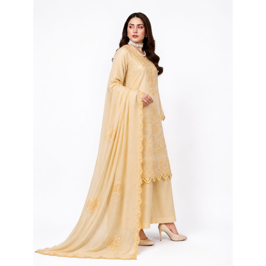 Goldish 3 Piece Unstitched  Embroidered Lawn