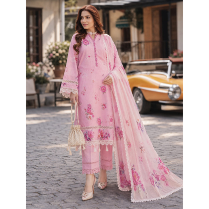 Pink D 3 Piece Unstitched  Printed Lawn
