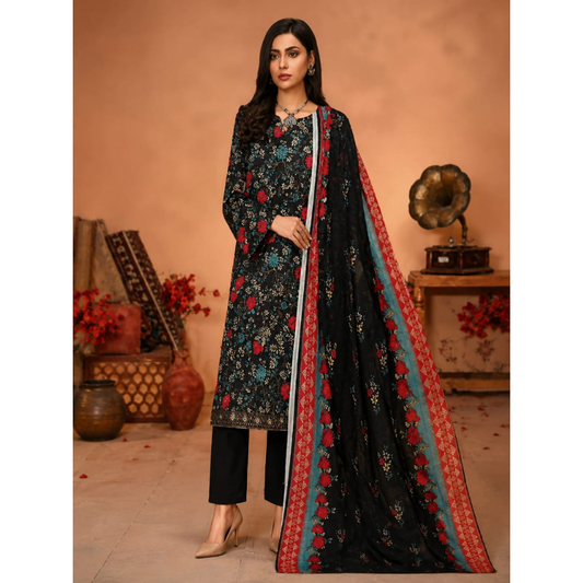 Black D 3 Piece Unstitched Printed Lawn