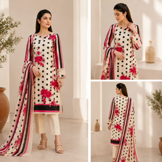 Rose 3 Piece Unstitched Printed Lawn
