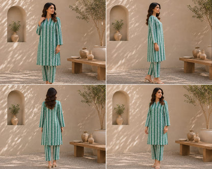 Emerald Daisy Stripes – 2 Piece Unstitched Lawn Suit