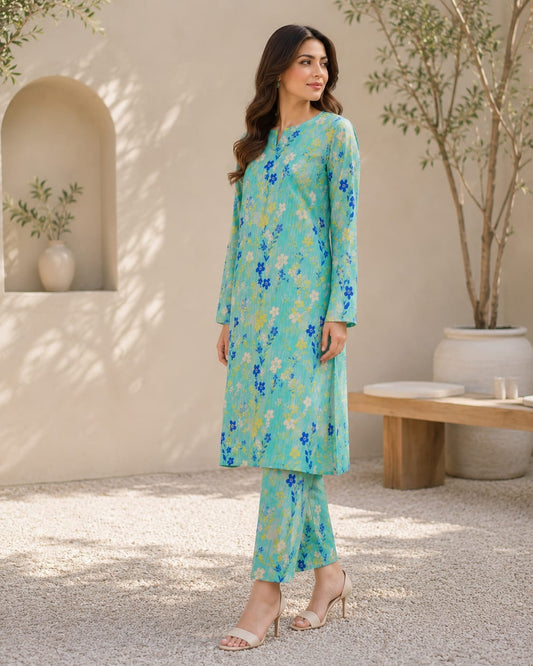 Aqua Floral Garden – 2 Piece Unstitched Lawn Suit