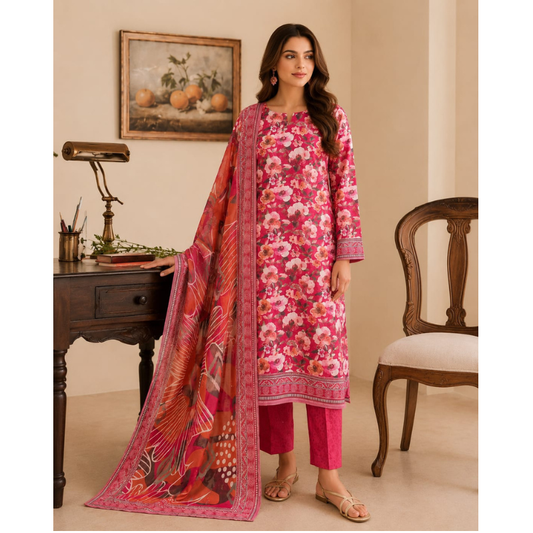 Smokey Red 3 Piece Unstitched Printed Lawn