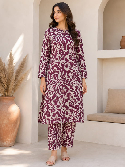 Plum Floral Wave – 2 Piece Unstitched Lawn Suit