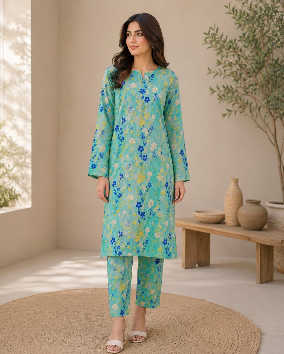 Aqua Floral Garden – 2 Piece Unstitched Lawn Suit